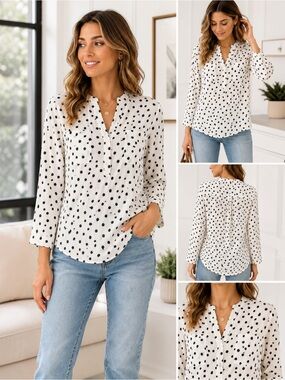 Maeve Anthropologie Polka Dot Blouse White Black Rayon Roll Tab Sleeve M